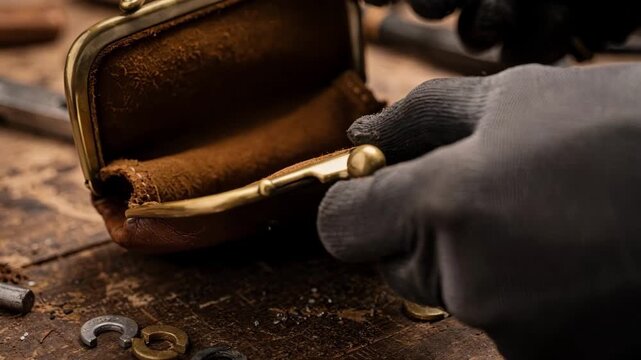Medium shot capturing the precise attachment of a kisslock fastener to a leather coin pouch emphasizing traditional closure mechanisms in handcrafted accessories.