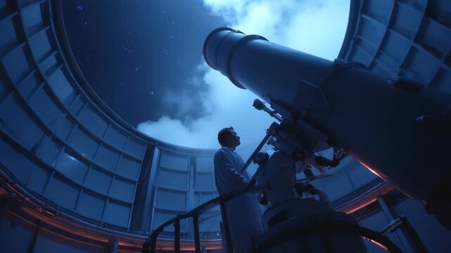 A scientist in a white lab coat observes the night sky through a large telescope inside a modern observatory dome. Stars and clouds are visible through the open roof, creating a futuristic atmosphere