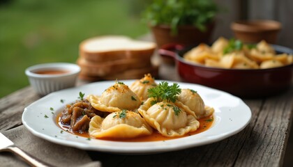 Plate of bryndzove halusky dumpling dish with cabbage and savory sauce. Served with bread slices on a rustic wooden table, green blurry garden background. Delicious comfort food.