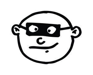 Cartoonish Bald Man Wearing Black Eye Mask with Smiling Face and Exaggerated Features in Black and White