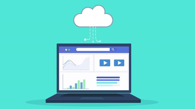 Flat vector animation of laptop displaying media dashboard connected to cloud system, representing video content management, analytics reporting, and digital technology workflow.
