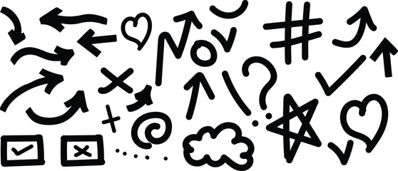 A collection of hand drawn symbols arrows and punctuation marks on a white background