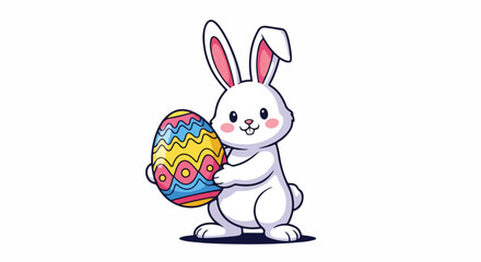 Obraz premium Cartoon illustration of a white rabbit holding a colorful Easter egg on a plain white background with pastel tones.