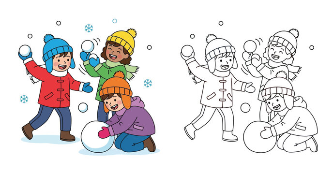 Cute children playing with snowballs in winter vector illustration with coloring page outline. Kids snowball fight and making snowman activities for educational book.
