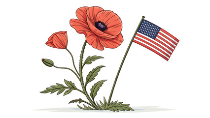 Red Poppies and American Flag Illustration poppy red poppy