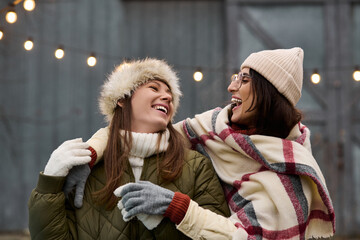 Loving couple enjoys cozy winter moments together in a festive holiday atmosphere