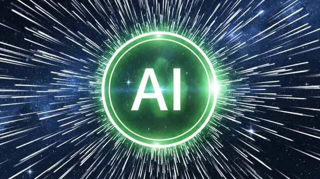 Glowing AI logo in space with stars and green neon light effect