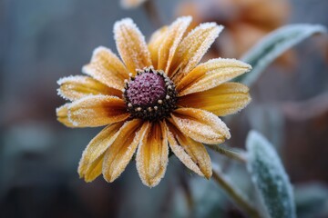 Frost in the garden, rudbeckia flower covered with frost.