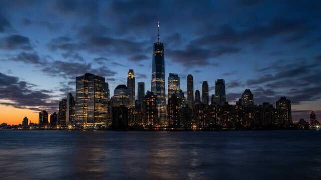 New york city skyline time-lapse for transition vibrant sunset to dark night over river, with illuminated skyscrapers manhattan, for global finance, urban infrastructure, relentless energy