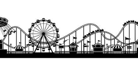 Fototapeta na wymiar A black and white silhouette depicts a bustling amusement park with rides and attractions high quality