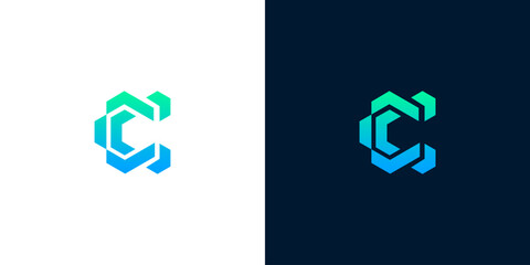 Fototapeta premium Modern Hexagonal Letter C Logo Design with Gradient Blue and Green Colors on White and Dark Backgrounds