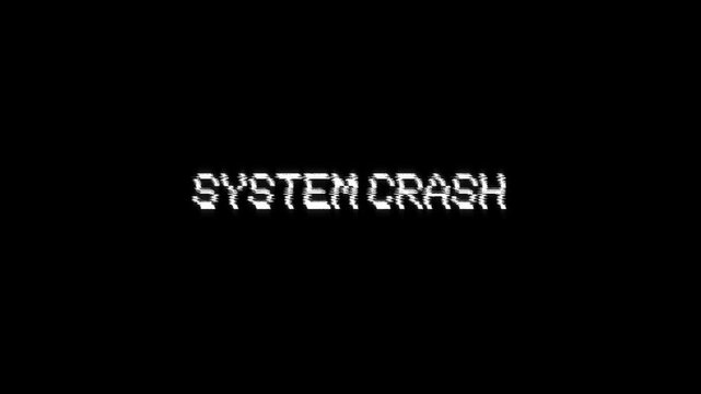 system crash glitch text warning and alert animation, hacking message over computer program security infected system crash with a virus glitch background effect