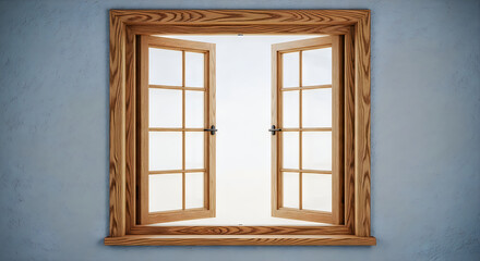 Fototapeta premium An open wooden window frame against a bright white and neutral background