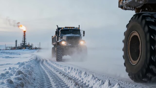 Bulky Truck Tread Dispersing Powder Into Chilly Winter Atmosphere