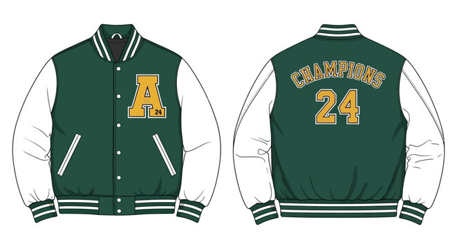 A detailed illustration of a green and cream varsity jacket with a and champions lettering