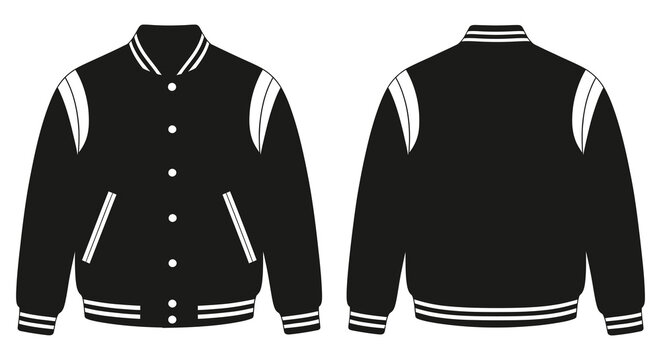 A black and white varsity jacket illustration shown from both front and back views high quality