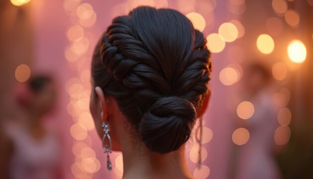 Back view woman with elegant braided hairstyle and bun. Fancy updo perfect for formal events, parties, or weddings. Dark hair styled with braids and smooth low bun. Festive bokeh lights background.