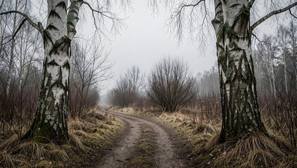 Winding dirt road leads through a misty forest framed by birch trees.