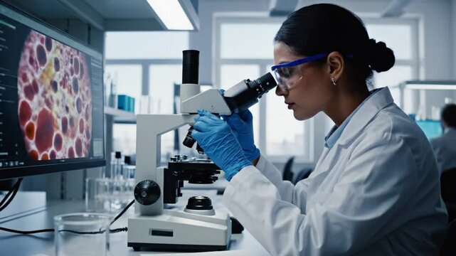 Focused scientist examines sample through microscope in laboratory, displayed image on a computer monitor