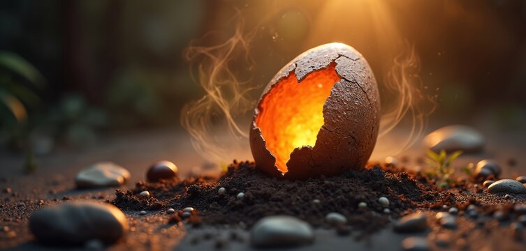 Cracked prehistoric egg glows with inner fire on soil. Smoke wisps rise from broken shell in warm backlight. Tiny sprout grows near stones. Ancient life emerges from earth.