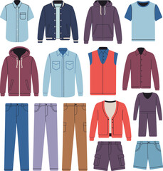 Collection of modern casual clothing illustrations including shirts, jackets, hoodies, pants, shorts, and sweaters in flat vector style for fashion design and branding.