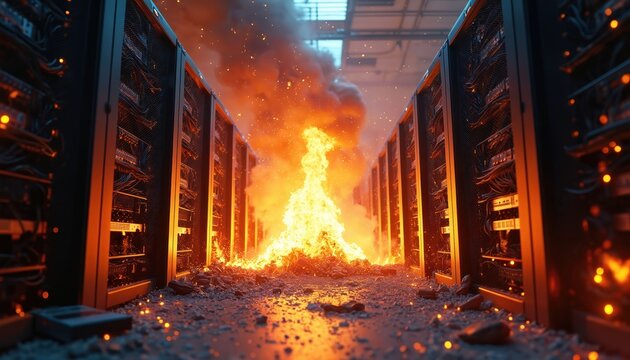 Data center server racks burn with intense flames and smoke. Computer hardware destruction. Digital infrastructure disaster creates system failure and data loss.