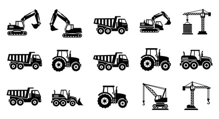 Black and white icons depicting various construction vehicles and heavy machinery high quality professional detailed modern © arfanah02