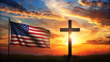 American flag and Christian cross against dramatic sunset
