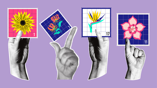 Retro collage art illustration. Postage stamps with various african floral designs.
