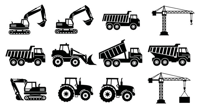 Collection of black silhouette icons depicting various types of heavy construction machinery high quality professional detailed