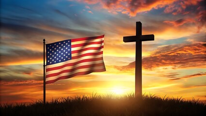 American flag and cross at sunset with fiery sky clouds