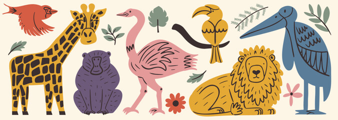Vector illustration set of cute cartoon African animals and birds including giraffe and lion, baboon, ostrich, and hornbill with botanical elements isolated on a light background. © Aliaksandra