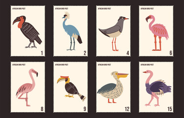 African birds postage stamp set. © Aliaksandra