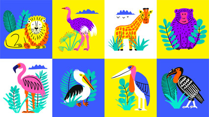 Vector collection of colorful cards with cute cartoon African animals and birds, lion, giraffe and monkey, flamingo and pelican surrounded by tropical plants. Diverse wildlife elements.  © Aliaksandra