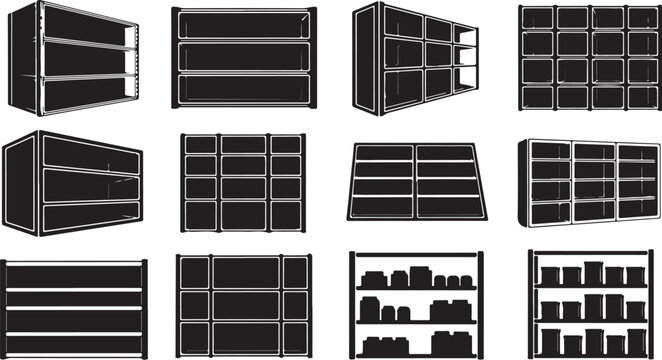 Collection of various empty black shelving units and storage systems