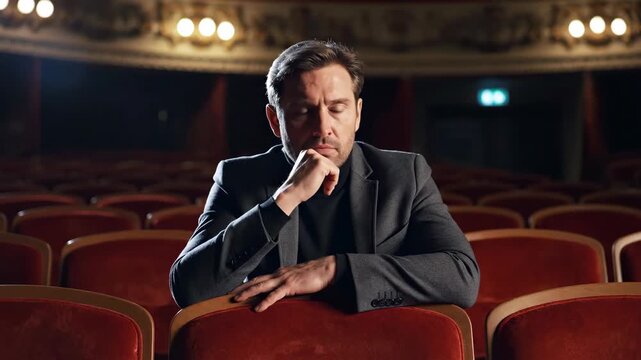 Man reflecting in an empty theater auditorium. Pensive actor or director sitting in red velvet seats. Cinematic shot of a male spectator in a grand opera house
