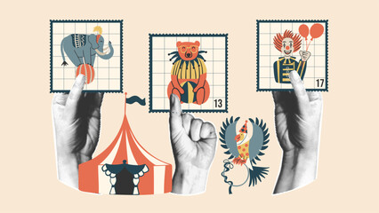 Vector vintage collage illustration with halftone hands holding postage stamps with circus elephant, bear and clown characters. Retro elements. © Aliaksandra
