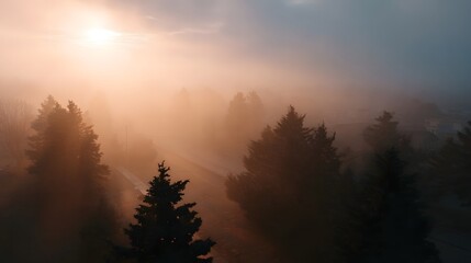 Fototapeta premium Misty forest landscape at dawn with golden sun rays breaking through the fog creating an atmospheric and serene scene