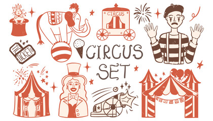 Vintage hand drawn circus and carnival set. Funny mime and performing elephant, magic rabbit in a hat and different elements. Retro vector design © Aliaksandra