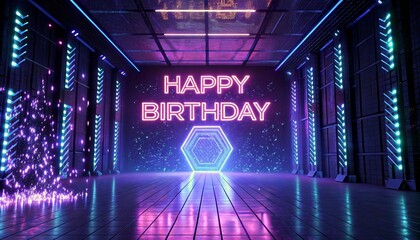 A vibrant digital art of a futuristic birthday celebration. Neon lights, hexagonal patterns, and "HAPPY BIRTHDAY" in glowing text. Purple, blue, and pink hues dominate the scene, creating a mesmerizin