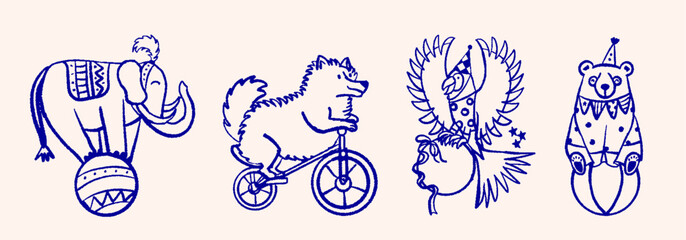Fototapeta premium Circus hand drawn vector set with animals. Elephant balancing on a ball, a dog riding a bicycle, a parrot and a funny bear in a cone hat drawn in blue ink style. Vector elements