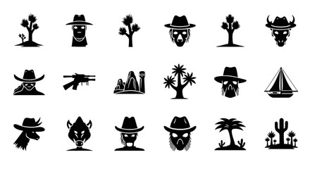 Obraz premium Wild West Cowboy Desert Themed Black Silhouette Icons Set, Isolated White Background