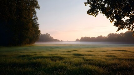 A serene misty meadow bathed in the soft pastel light of dawn with a gentle haze rising from the grass and trees silhouetted against the tranquil sky
