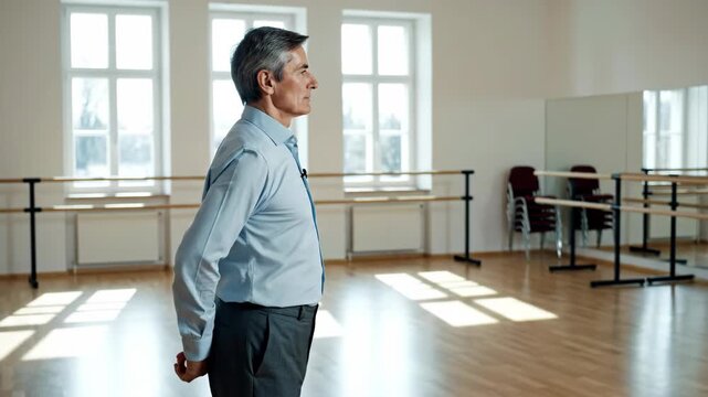 Middle-aged man standing in an empty dance studio. Professional instructor or choreographer in a rehearsal hall. Arts and performance concept