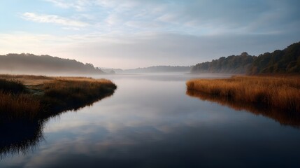 Fototapeta premium Serene misty morning landscape with a calm lake golden grass and soft sky reflections