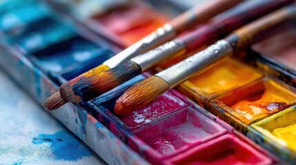 Obraz premium Vivid Watercolor Palette with Brushes and Colors