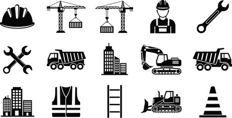 Construction Industry Silhouette Icon Set with Cranes, Workers, Heavy Machinery, Safety Equipment and Urban Building Elements Isolated on White Background © Md