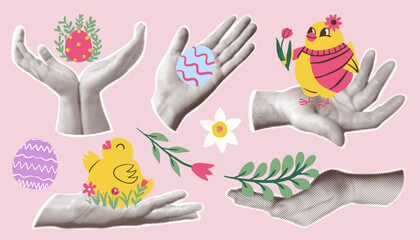 Happy Easter retro vintage collage. Vector illustration set of halftone hands holding cute Easter chicks, colorful eggs, and spring flowers. Festive season design