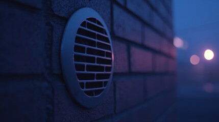 Stainless Steel Furnace Exhaust Vent on a Brick Wall During Blue Hour at Night With Soft Light and Prominent Features