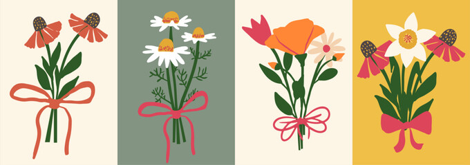 Colorful hand drawn flower bouquets tied with red ribbon bows. Vector botanical illustration set with chamomile, echinacea and daffodil for spring greeting cards or poster. © Aliaksandra